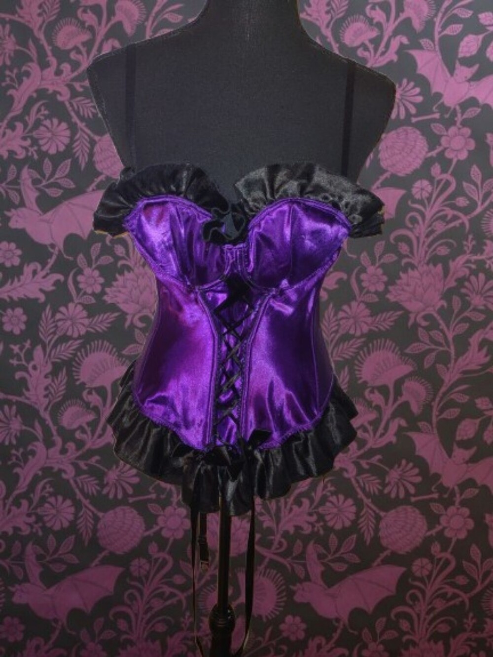 Gothic Purple Satin Corset with Black Ruffles